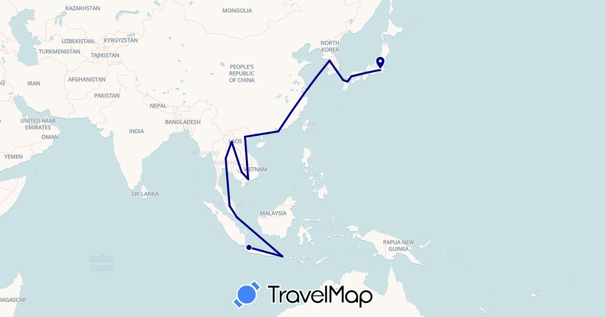 TravelMap itinerary: driving in Hong Kong, Indonesia, Japan, Cambodia, South Korea, Laos, Malaysia, Singapore, Thailand, Vietnam (Asia)